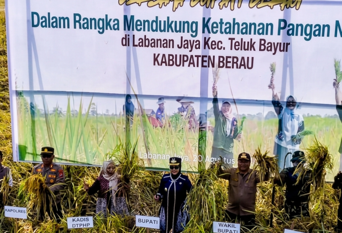 Bupati Berau Sri Juniarsih Mas dan Wakil Bupati Berau Gamalis menghadiri syukuran panen di Kampung Labanan Jaya, Kamis (20/8/2026).